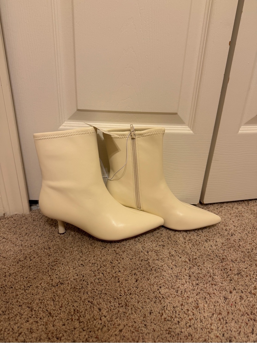 Cream Pointed-Toe Ankle Boots with Kitten Heel